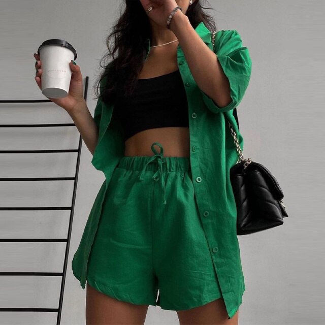 Summer Casual Shorts Suits Green Streetwear Short Sleeve Shirt 2 piece set - The Wolfe London