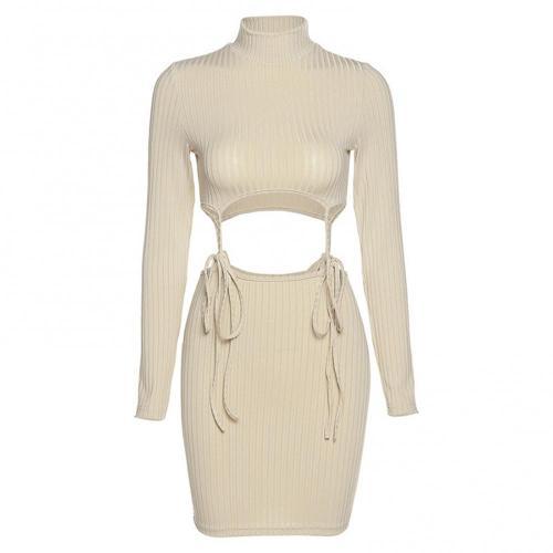 Long sleeve O-neck knitted crop top skirt 2 piece set - The Wolfe London